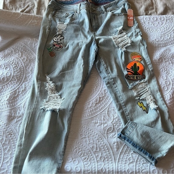 GB Gianni Bini distressed‎ Lightwash jeans patches rips boho - Picture 1 of 5